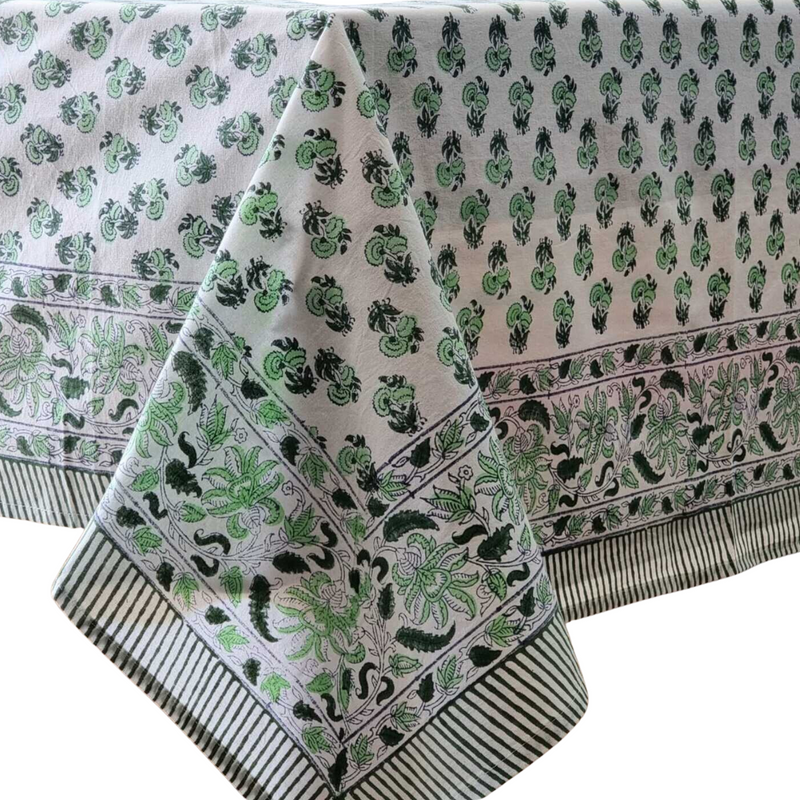 Load image into Gallery viewer, Kolka Rosemary Hand Block-Printed Cotton Tablecloth - Green
