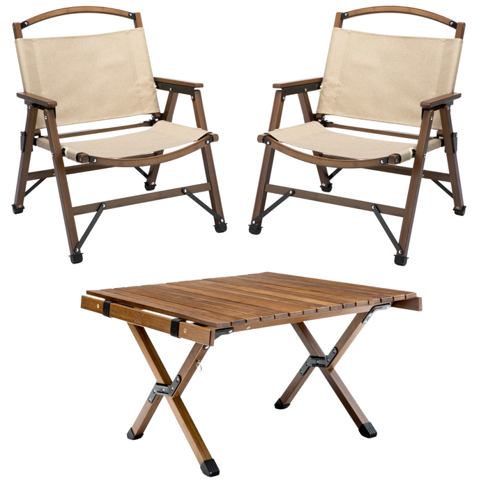 Bamboo Foldable Camping Table + 2 Chairs Waterproof Wood Wooden Travel Set Kit-0