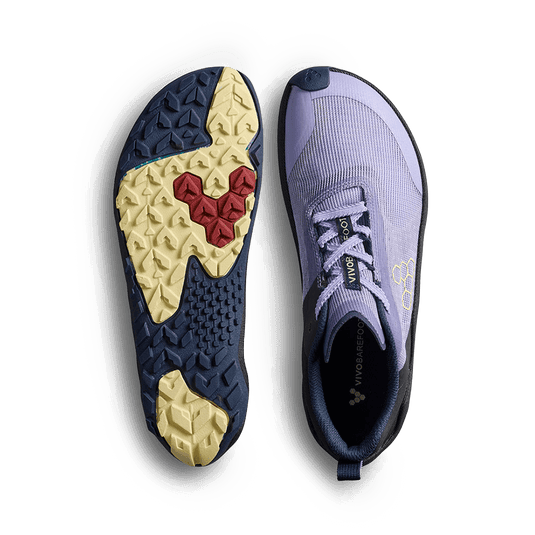Vivobarefoot Primus Trail Flow Womens Sweet Lavender shoe top view showcasing lightweight, flexible design and all-terrain outsole.