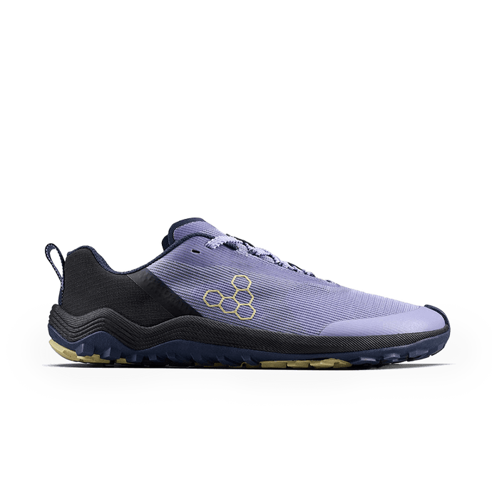 Vivobarefoot Primus Trail Flow Womens Sweet Lavender side view with lightweight design and all-terrain outsole.