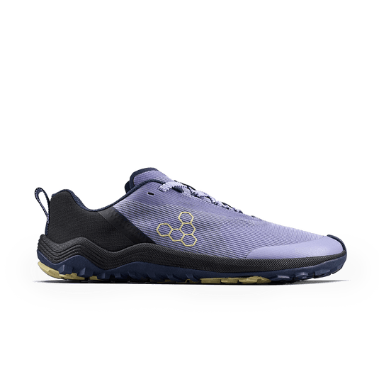 Vivobarefoot Primus Trail Flow Womens Sweet Lavender side view with lightweight design and all-terrain outsole.