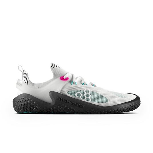 Vivobarefoot Motus Strength Womens Blue Tint side view showing performance sneaker for tough workouts.