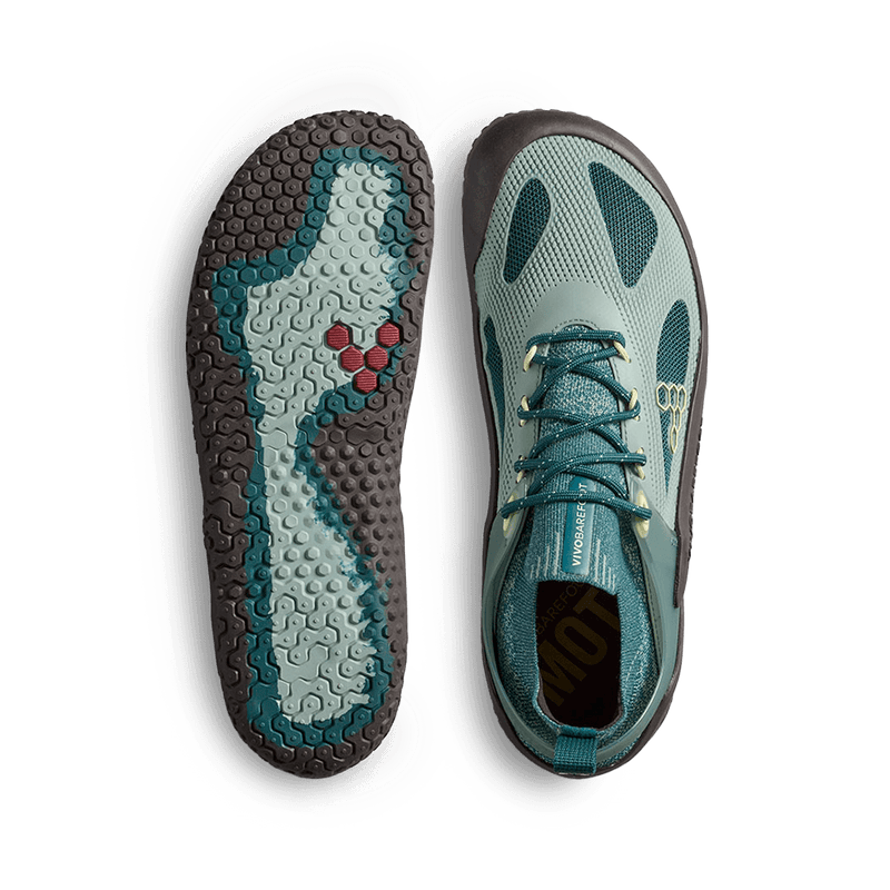 Load image into Gallery viewer, Vivobarefoot Motus Strength Womens Glacial Green performance sneakers top view with textured sole
