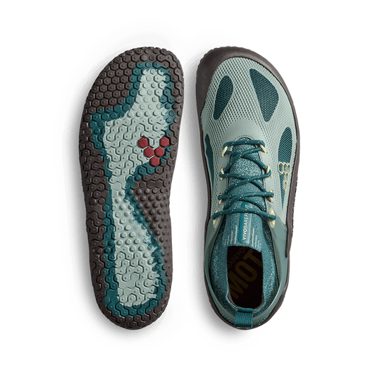 Vivobarefoot Motus Strength Womens Glacial Green performance sneakers top view with textured sole