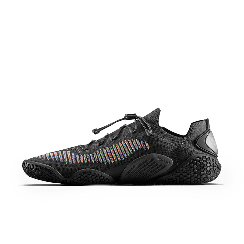 Load image into Gallery viewer, Vivobarefoot Motus Flex Womens Obsidian/Space Dye side view showcasing flexible sole and knitted upper design.

