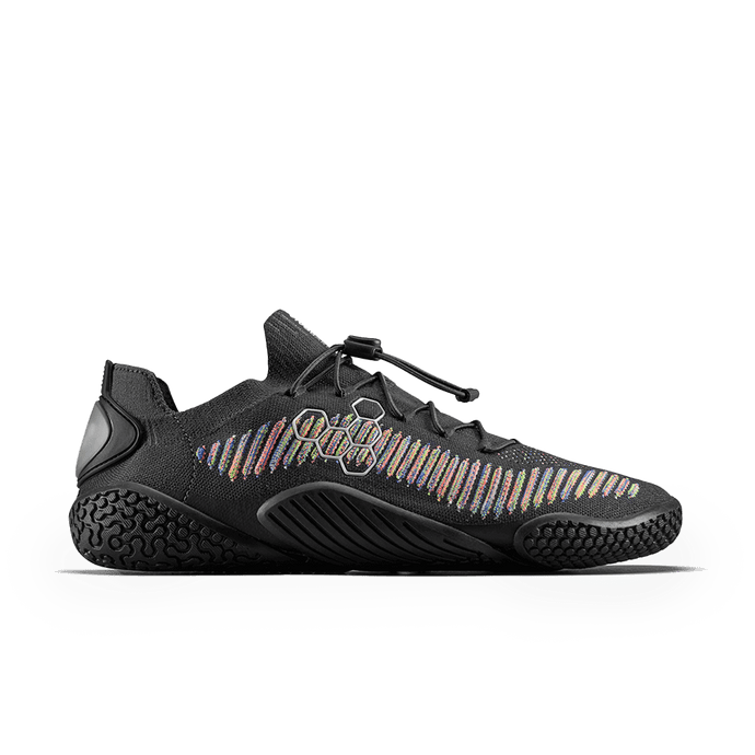 Vivobarefoot Motus Flex Womens Obsidian/Space Dye side view with flexible design and lightweight construction.