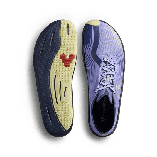 Vivobarefoot Primus Flow Womens Sweet Lavender shoes showcasing dual-colored sole and breathable upper.