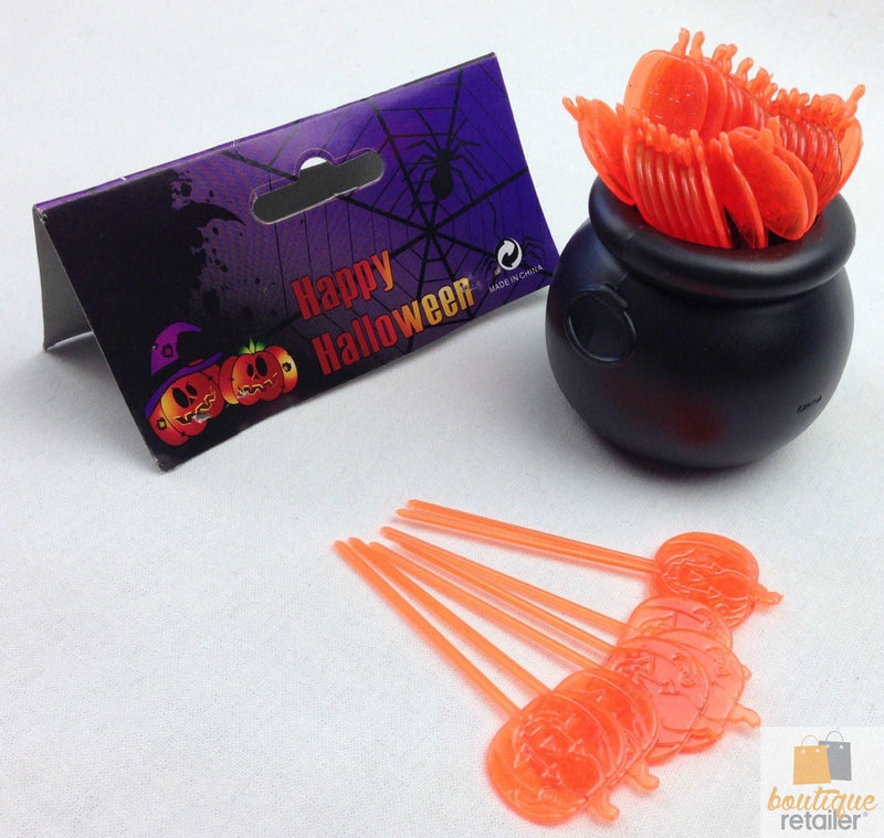Load image into Gallery viewer, HALLOWEEN Cauldron Cupcake Party Picks Plastic Decoration Pumpkin Toothpicks - Orange-4
