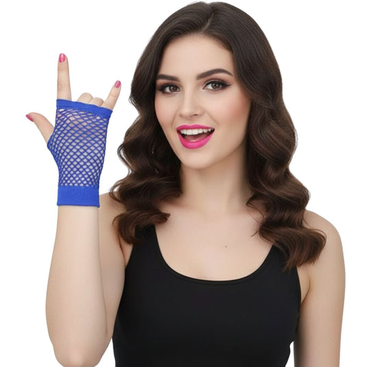24 Pair Fishnet Gloves Fingerless Wrist Length 70s 80s Costume Party Bulk - Blue-2