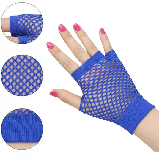 24 Pair Fishnet Gloves Fingerless Wrist Length 70s 80s Costume Party Bulk - Blue-1