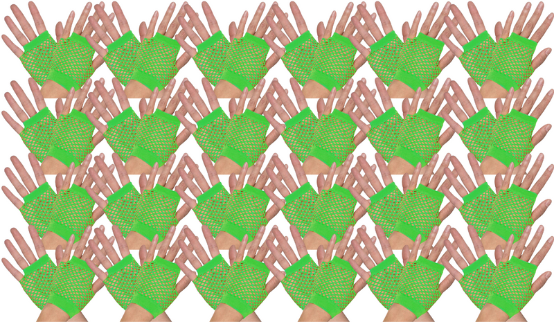 Load image into Gallery viewer, 24 Pair Fishnet Gloves Fingerless Wrist Length 70s 80s Costume Party Fluro Green-1
