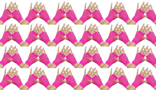24 Pair Fishnet Gloves Fingerless Wrist Length 70s 80s Costume Party - Hot Pink-0
