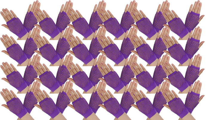 24 Pair Fishnet Gloves Fingerless Wrist Length 70s 80s Costume Party - Purple-0