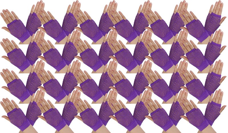 Load image into Gallery viewer, 24 Pair Fishnet Gloves Fingerless Wrist Length 70s 80s Costume Party - Purple-1
