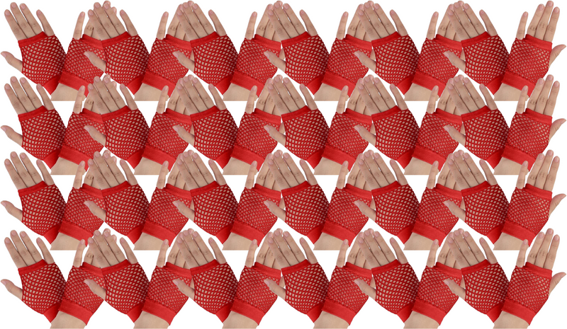 Load image into Gallery viewer, 24 Pair Fishnet Gloves Fingerless Wrist Length 70s 80s Costume Party Bulk - Red-0
