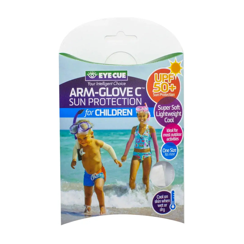Load image into Gallery viewer, Eyecue Kids Arm Glove Sun Protection – White packaging showing UPF 50+ protection for children, ideal for outdoor fun.

