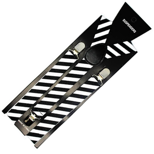 2x Mens Suspenders Braces Adjustable Strong Clip On Elastic Formal Wedding Slim - Black/White Diagonal Stripes-2