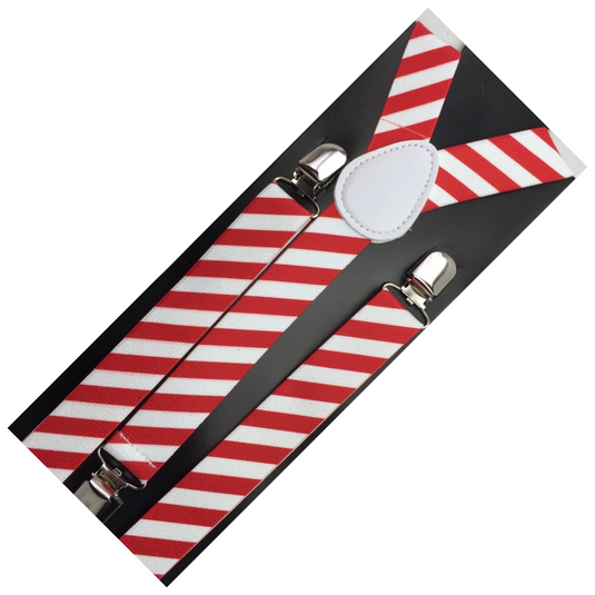 2x Mens Suspenders Braces Adjustable Strong Clip On Elastic Formal Wedding Slim - Red/White Diagonal Stripes-2