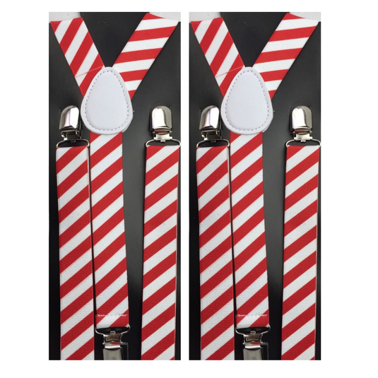 2x Mens Suspenders Braces Adjustable Strong Clip On Elastic Formal Wedding Slim - Red/White Diagonal Stripes-0