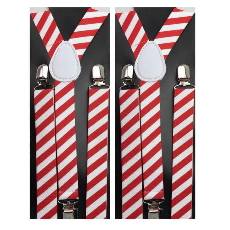 Load image into Gallery viewer, 2x Mens Suspenders Braces Adjustable Strong Clip On Elastic Formal Wedding Slim - Red/White Diagonal Stripes-1
