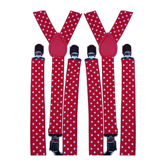 2x Mens Suspenders Braces Adjustable Strong Clip On Elastic Formal Wedding Slim - Red with White Polka Dot-0