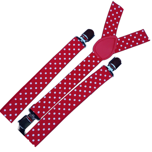2x Mens Suspenders Braces Adjustable Strong Clip On Elastic Formal Wedding Slim - Red with White Polka Dot-2