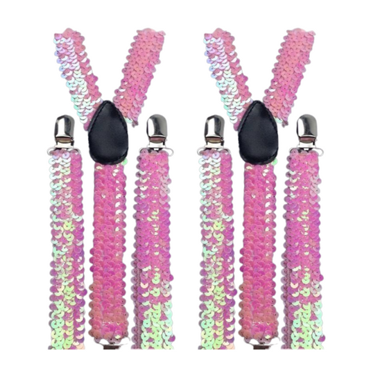 2x Mens Suspenders Braces Adjustable Strong Clip On Elastic Formal Wedding Slim - Light Pink (Sequin)-0