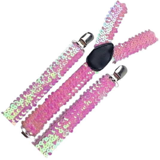 2x Mens Suspenders Braces Adjustable Strong Clip On Elastic Formal Wedding Slim - Light Pink (Sequin)-2