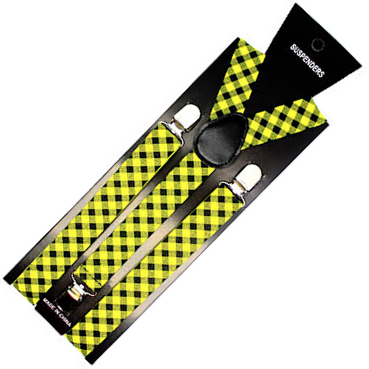 2x Mens Suspenders Braces Adjustable Strong Clip On Elastic Formal Wedding Slim - Black/Yellow Check-2
