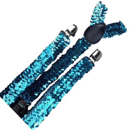 2x Mens Suspenders Braces Adjustable Strong Clip On Elastic Formal Wedding Slim - Blue (Sequin)-2