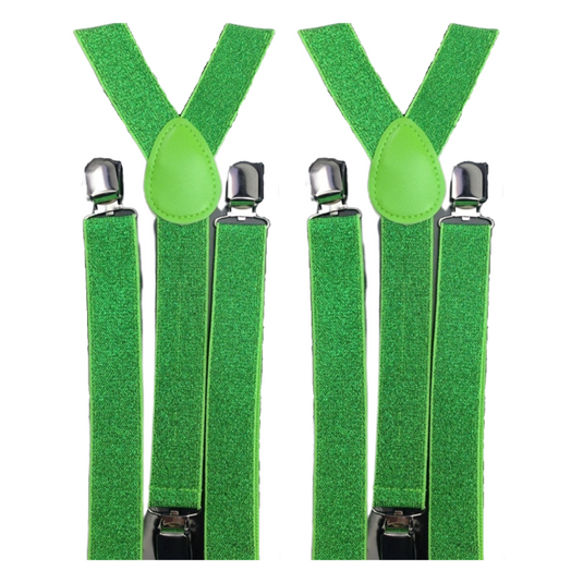 2x Mens Suspenders Braces Adjustable Strong Clip On Elastic Formal Wedding Slim - Green (Glitter)-1