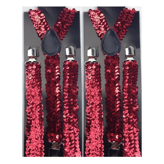 2x Mens Suspenders Braces Adjustable Strong Clip On Elastic Formal Wedding Slim - Red (Sequin)-0