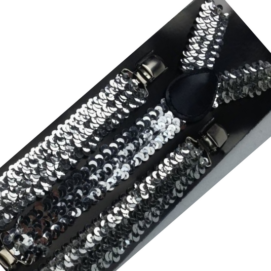 2x Mens Suspenders Braces Adjustable Strong Clip On Elastic Formal Wedding Slim - Silver (Sequin)-2