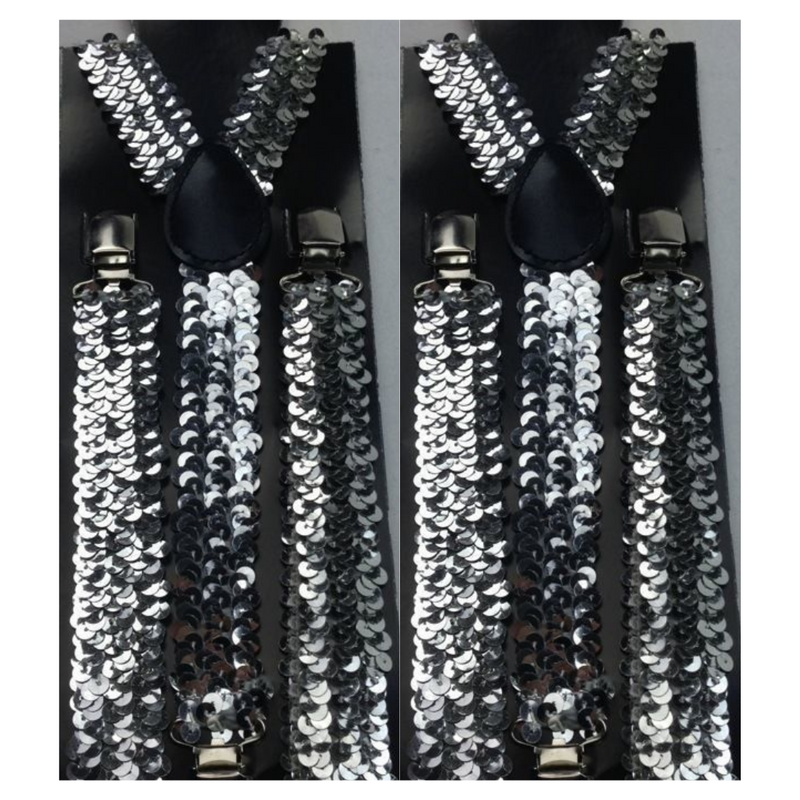 Load image into Gallery viewer, 2x Mens Suspenders Braces Adjustable Strong Clip On Elastic Formal Wedding Slim - Silver (Sequin)-1
