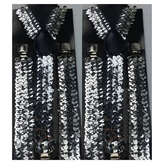 2x Mens Suspenders Braces Adjustable Strong Clip On Elastic Formal Wedding Slim - Silver (Sequin)-1