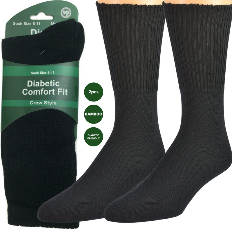 Load image into Gallery viewer, 2 Pairs DIABETIC BAMBOO Socks Work Socks Medical Loose Top Crew Cushion BLACK-1
