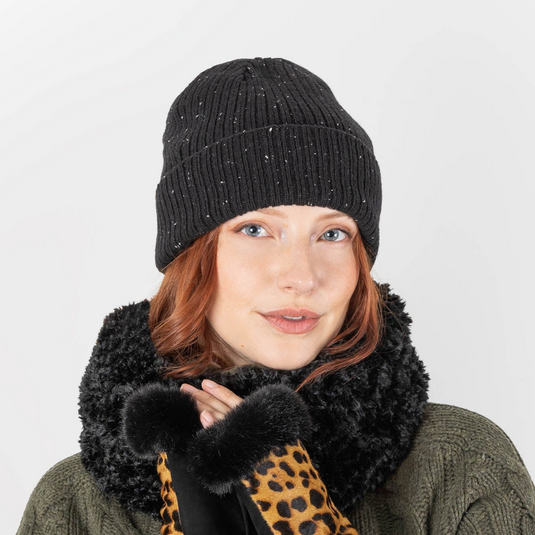 Dents Womens Ribbed Knit Wool Blend Beanie Hat with Marl Yarn in Black-1