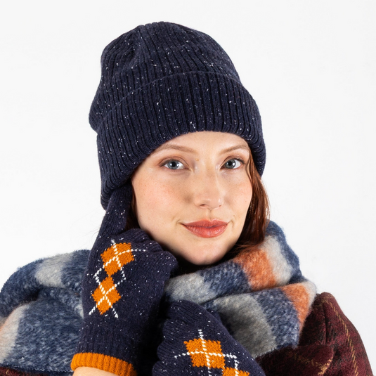 Dents Womens Ribbed Knit Wool Blend Beanie Hat with Marl Yarn in Navy-0