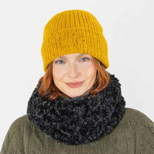 Dents Womens Ribbed Knit Wool Blend Beanie Hat with Marl Yarn in Ochre-0