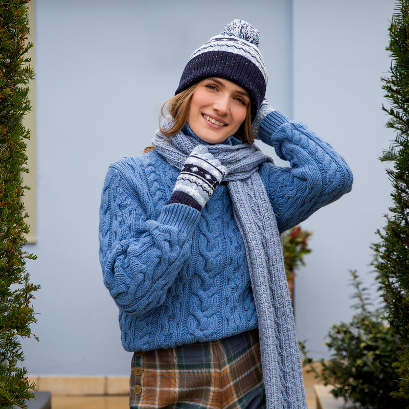 Load image into Gallery viewer, Dents Womens Jacquard Warm Wool Blend Beanie Hat with Pom Pom in Cornflower-3
