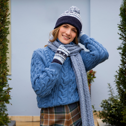 Dents Womens Jacquard Warm Wool Blend Beanie Hat with Pom Pom in Cornflower-3