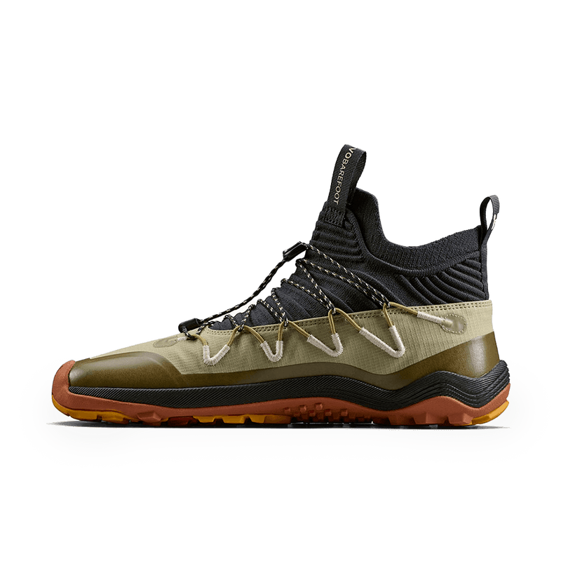 Load image into Gallery viewer, Vivobarefoot Primus Trail Flow Mid Mens Cedar in olive and black, designed for fast-packing performance and stability.

