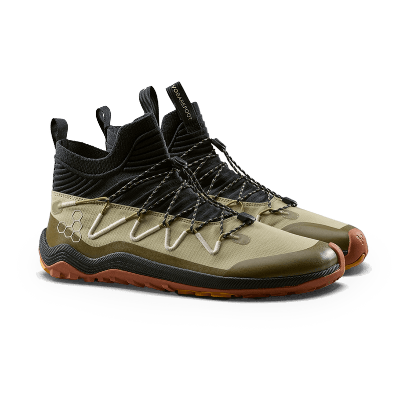 Load image into Gallery viewer, Vivobarefoot Primus Trail Flow Mid Mens Cedar - men&#39;s trail shoes with breathable collar and quick lacing system.
