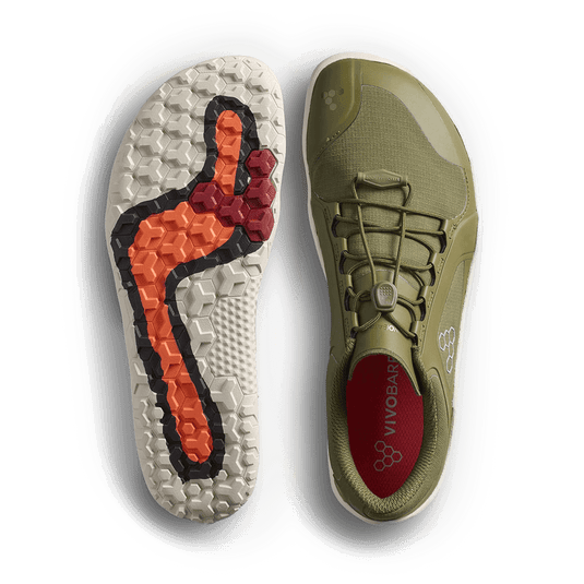 Vivobarefoot Primus Trail III All Weather FG Mens Dark Olive/White top and sole view of all-weather trail sneakers