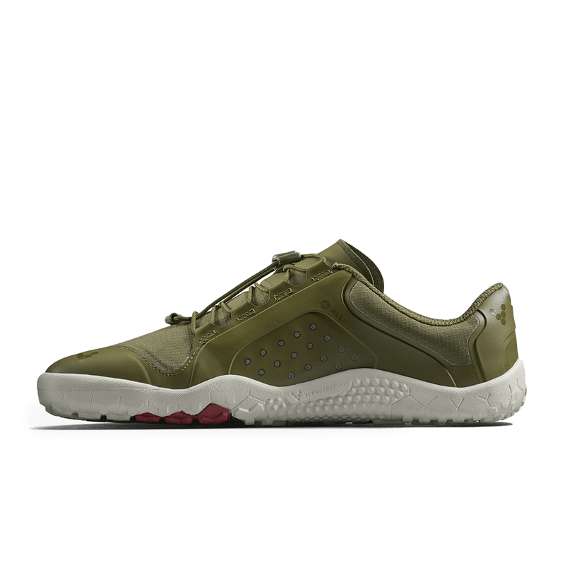 Load image into Gallery viewer, Vivobarefoot Primus Trail III All Weather FG Mens Dark Olive/White side view sneaker for trail adventures
