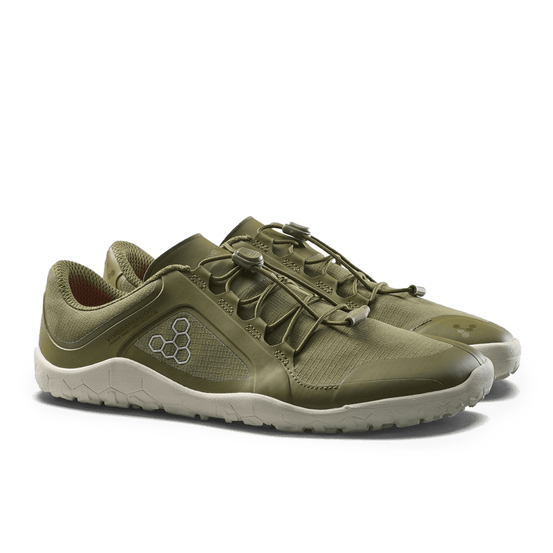Load image into Gallery viewer, Vivobarefoot Primus Trail III All Weather FG Mens Dark Olive/White shoes side view for outdoor adventures
