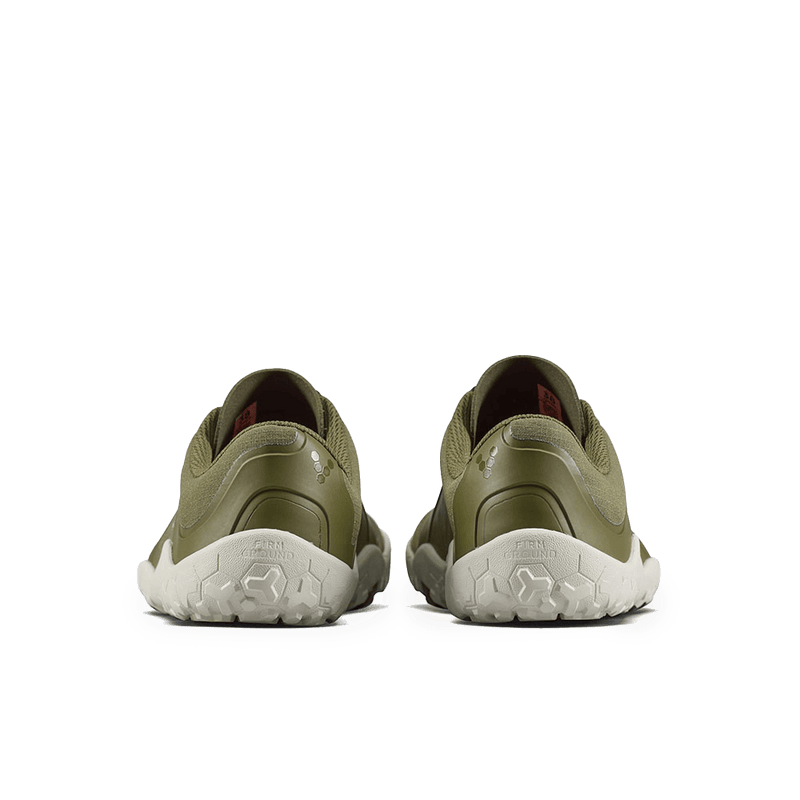 Load image into Gallery viewer, Vivobarefoot Primus Trail III All Weather FG Mens Dark Olive/White back view of shoes
