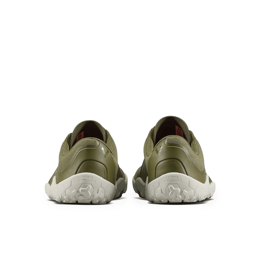 Vivobarefoot Primus Trail III All Weather FG Mens Dark Olive/White back view of shoes