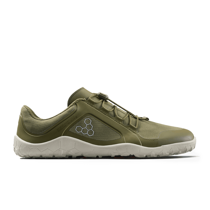 Vivobarefoot Primus Trail III All Weather FG Mens Dark Olive/White side view sneakers