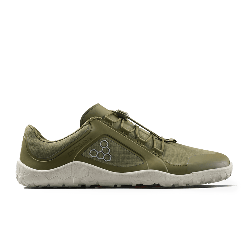 Load image into Gallery viewer, Vivobarefoot Primus Trail III All Weather FG Mens Dark Olive/White side view sneakers
